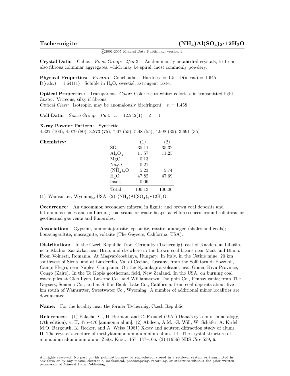 Tschermigite (NH4)Al(SO4)2 • 12H2O C 2001-2005 Mineral Data Publishing, Version 1