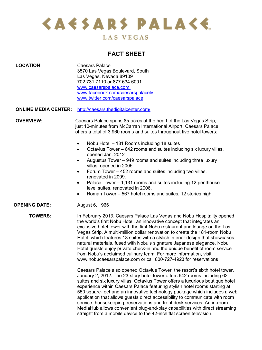 Caesars Palace Fact Sheet