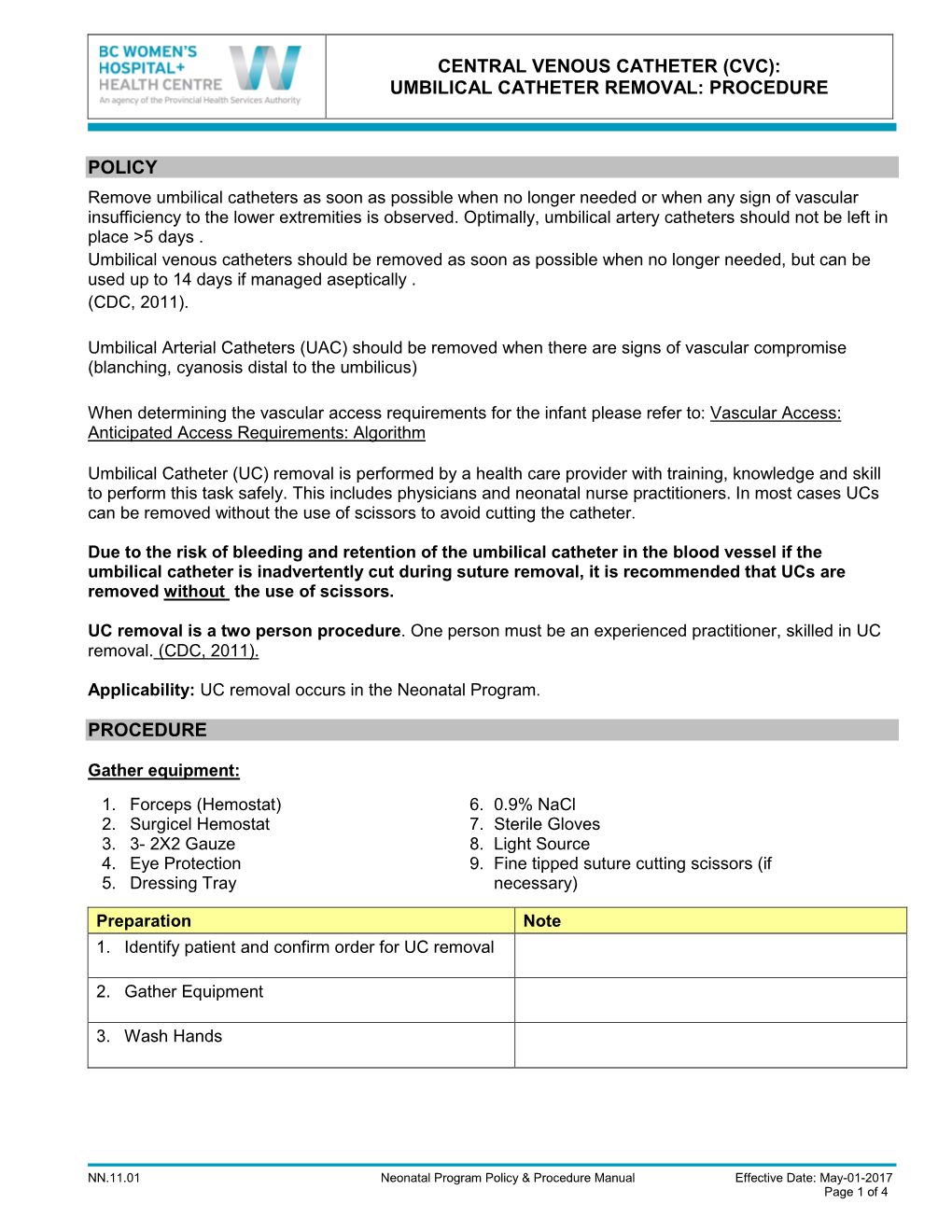 Central Venous Catheter (Cvc): Umbilical Catheter Removal: Procedure