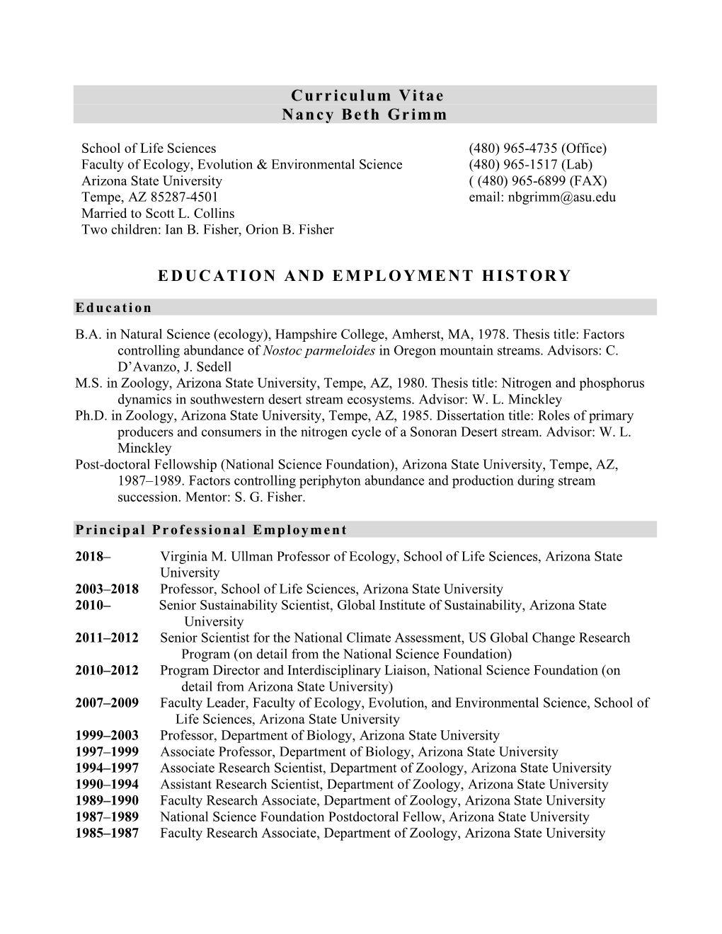 Curriculum Vitae Nancy Beth Grimm