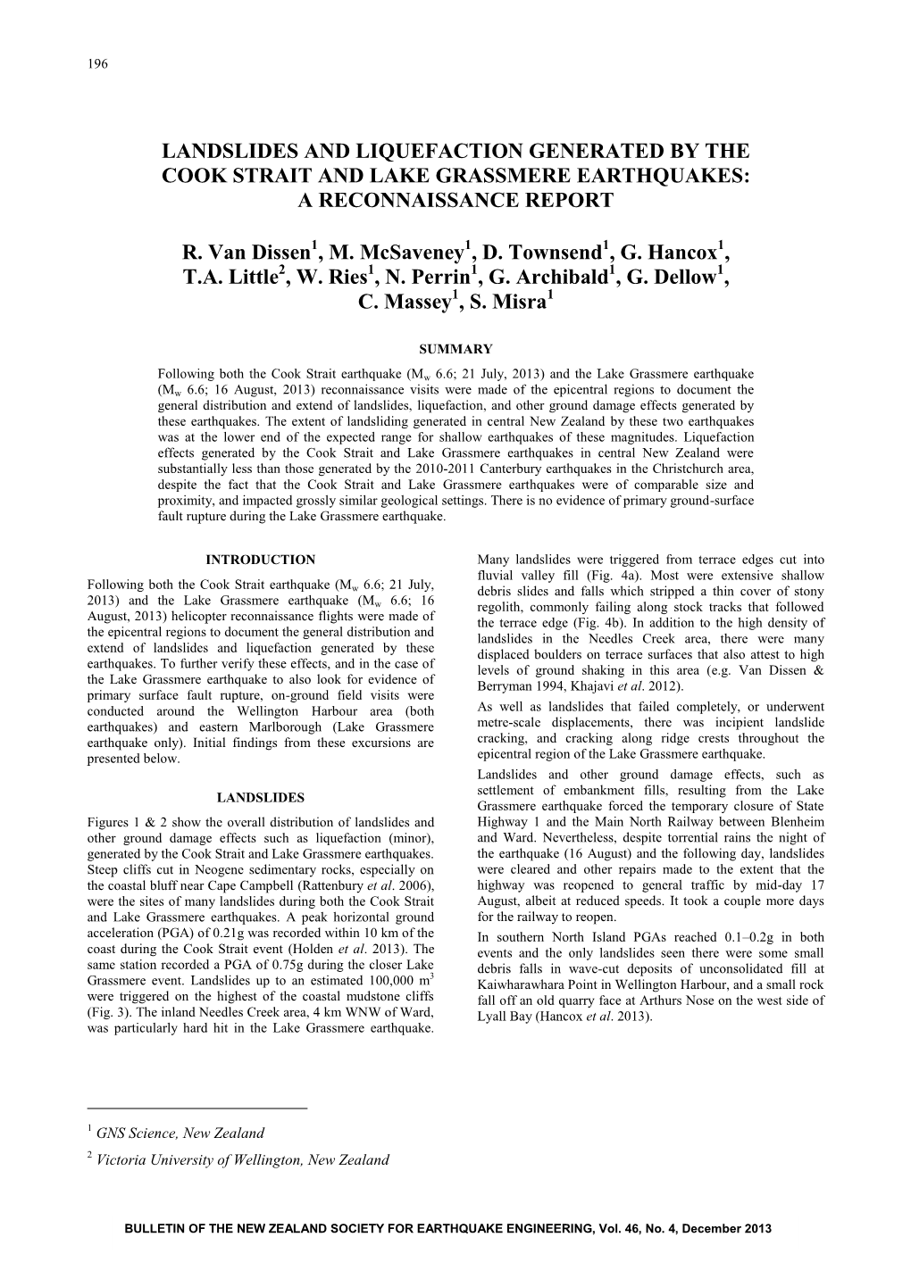 Landslides and Liquefaction Generated by the Cook Strait and Lake Grassmere Earthquakes: a Reconnaissance Report