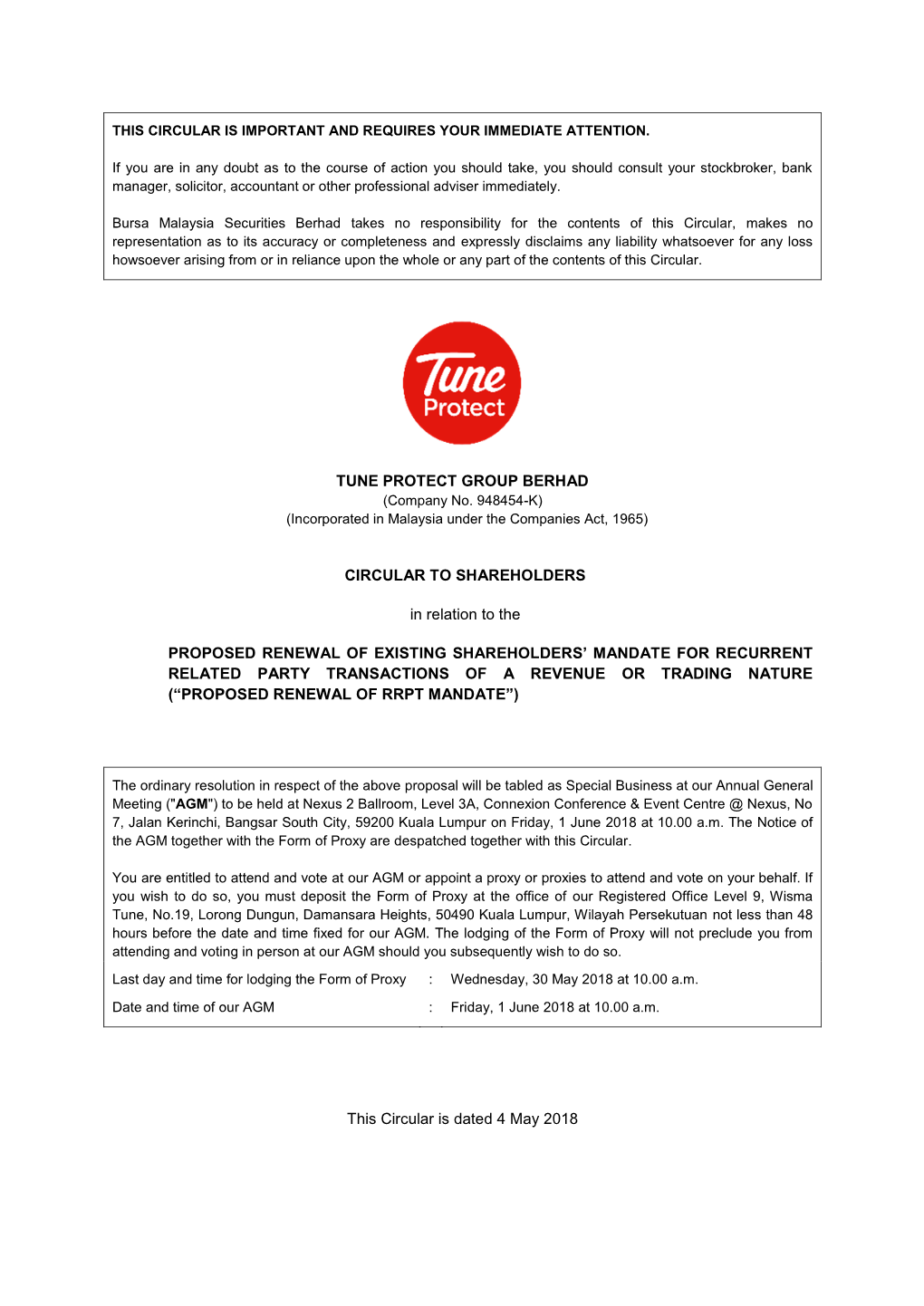 TUNE PROTECT GROUP BERHAD CIRCULAR to SHAREHOLDERS in Relation to the PROPOSED RENEWAL of EXISTING SHAREHOLDERS' MANDATE