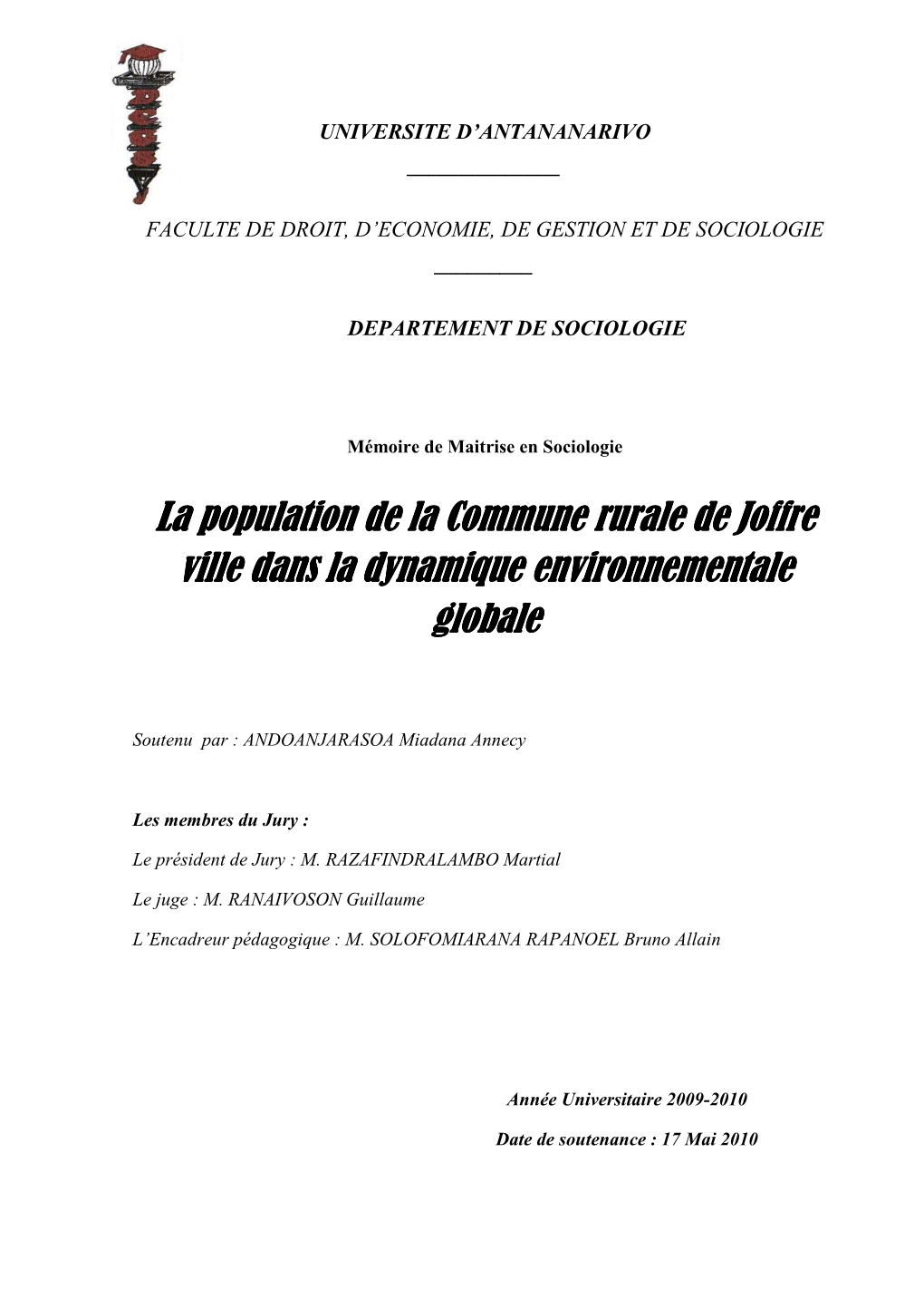 La Population De La Commune Rurale De Joffre Population De La