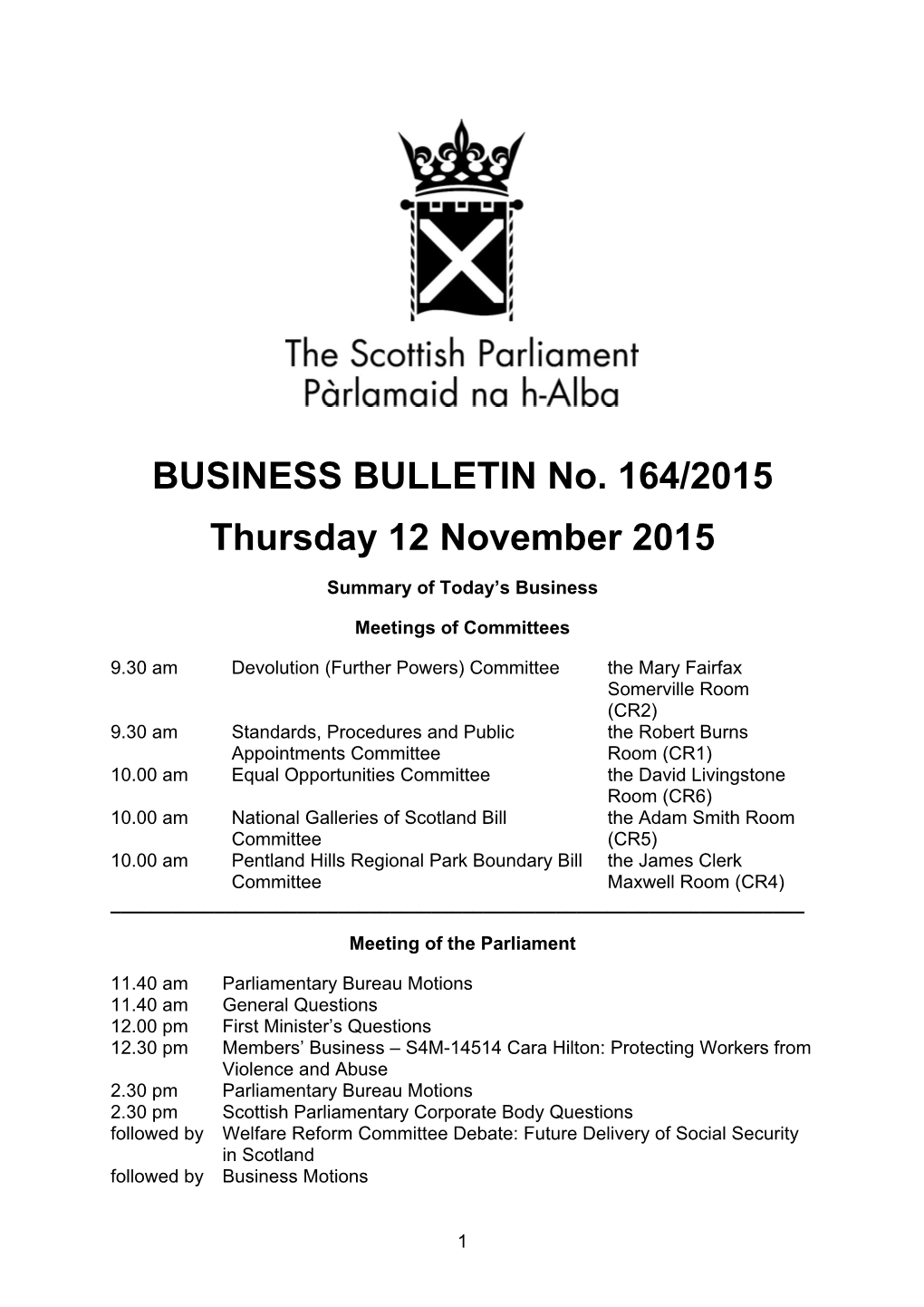 BUSINESS BULLETIN No. 164/2015 Thursday 12 November 2015