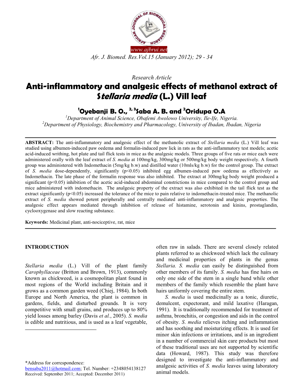 Anti-Inflammatory and Analgesic Effects of Methanol Extract of Stellaria Media (L.) Vill Leaf