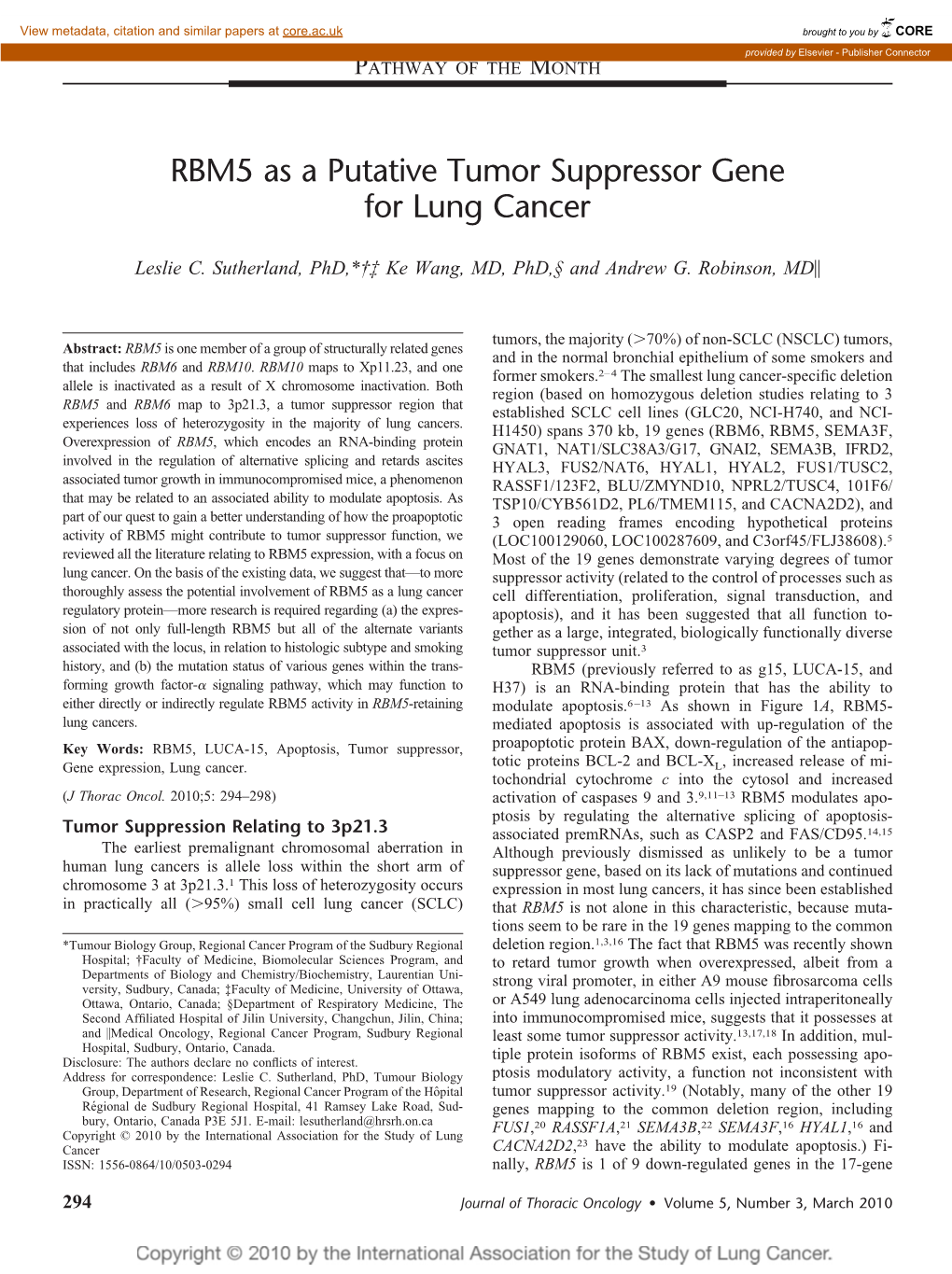 RBM5 As a Putative Tumor Suppressor Gene for Lung Cancer