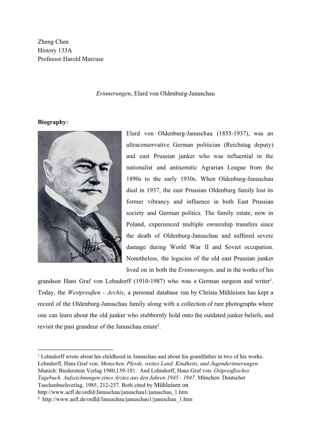 Zheng Chen History 133A Professor Harold Marcuse Erinnerungen