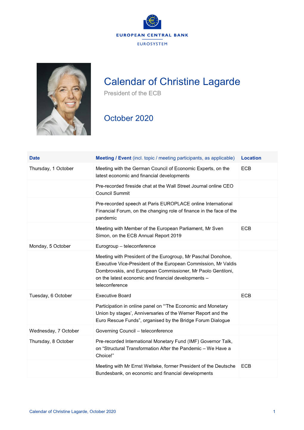 Calendar of Christine Lagarde, October 2020 1 Tuesday, 13 October Executive Board ECB