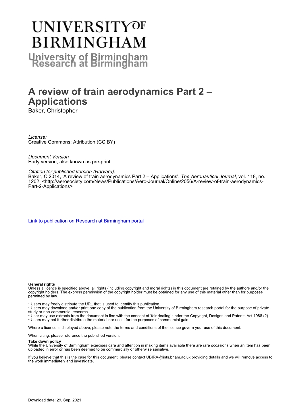 A Review of Train Aerodynamics Part 2 – Applications Baker, Christopher