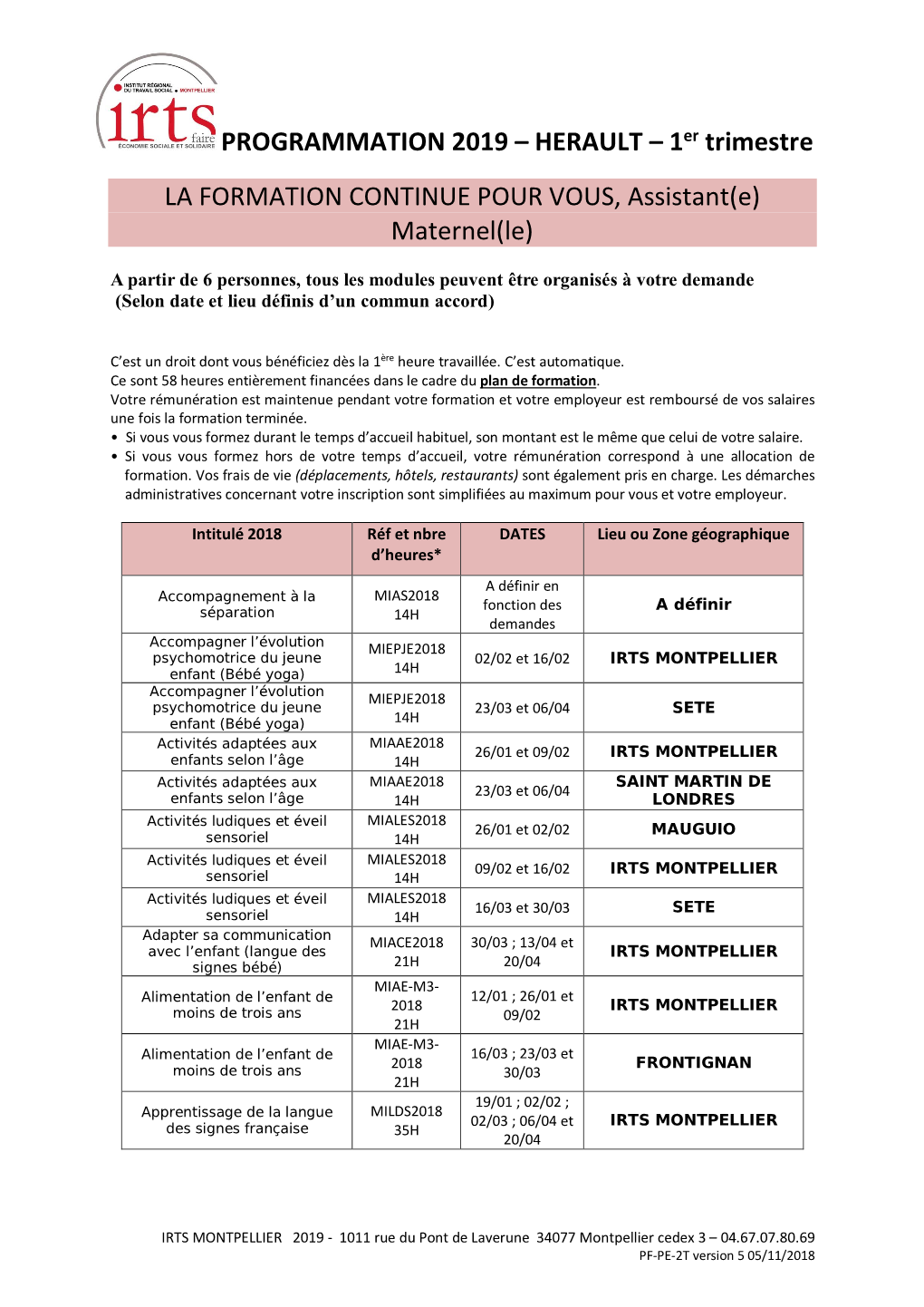 PROGRAMMATION 2019 – HERAULT – 1Er Trimestre