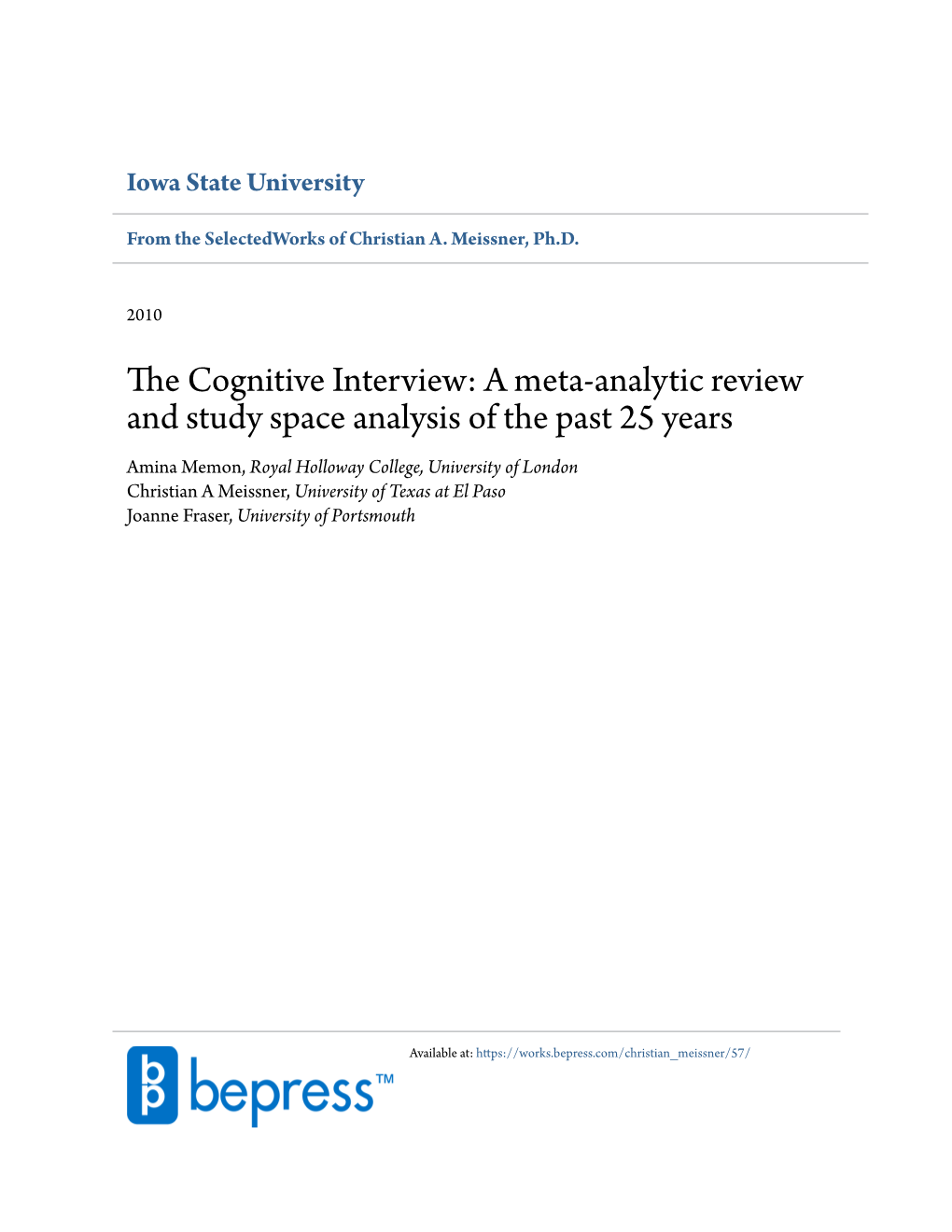 THE COGNITIVE INTERVIEW: a Meta-Analytic Review and Study Space Analysis of the Past 25 Years