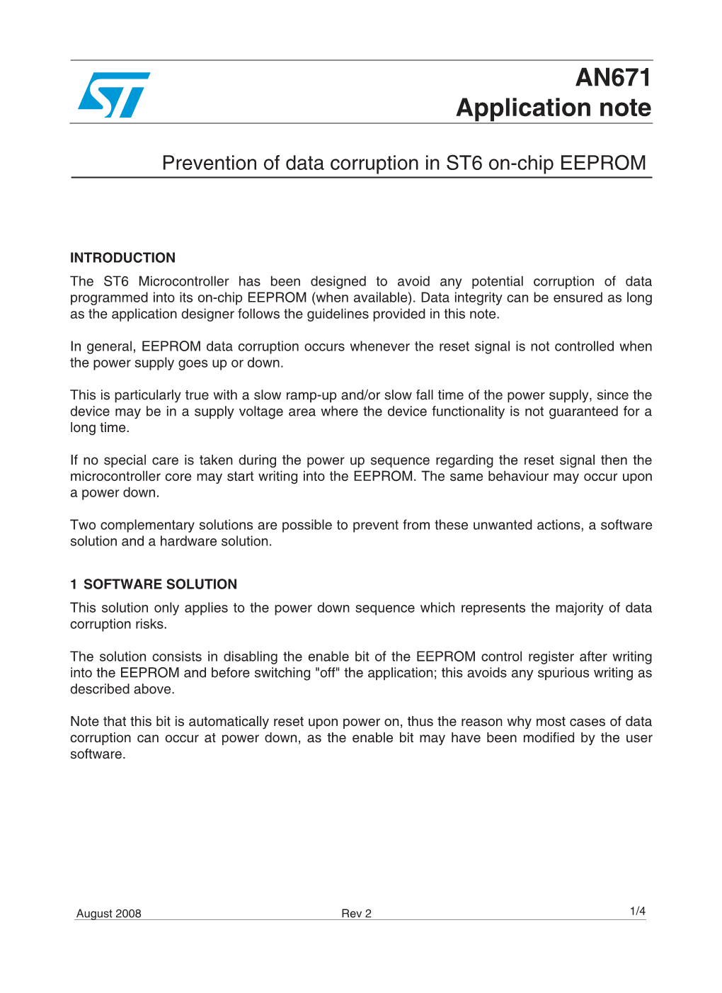 AN671 Prevention of Data Corruption in ST6 On-Chip EEPROM