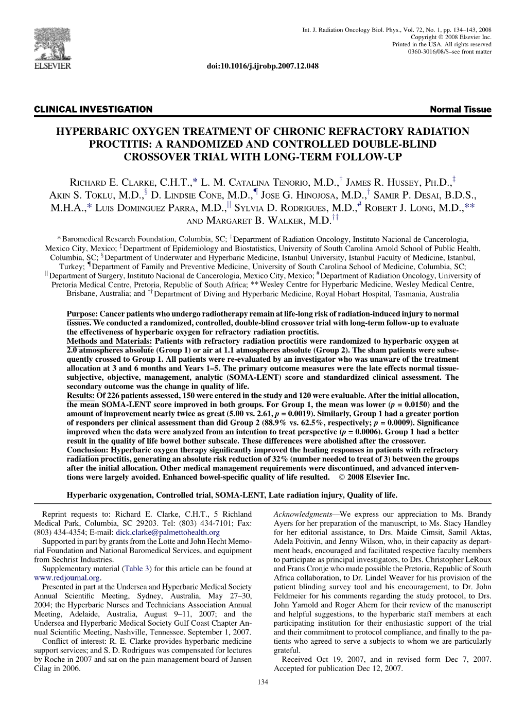 Hyperbaric Oxygen Clinical Study on Chronic Refractory Radiation Proctitis