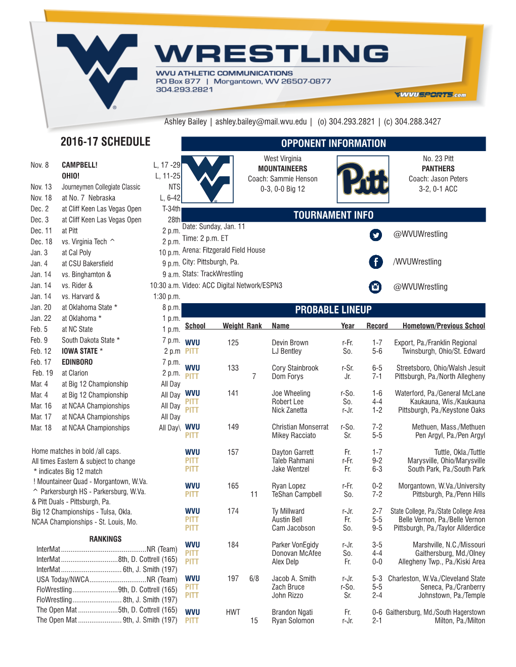 2016-17 SCHEDULE OPPONENT INFORMATION West Virginia No