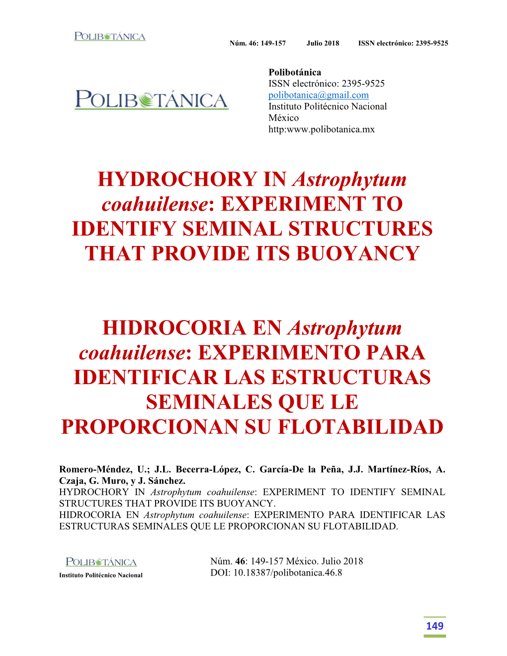 HYDROCHORY in Astrophytum Coahuilense: EXPERIMENT to IDENTIFY SEMINAL STRUCTURES THAT PROVIDE ITS BUOYANCY
