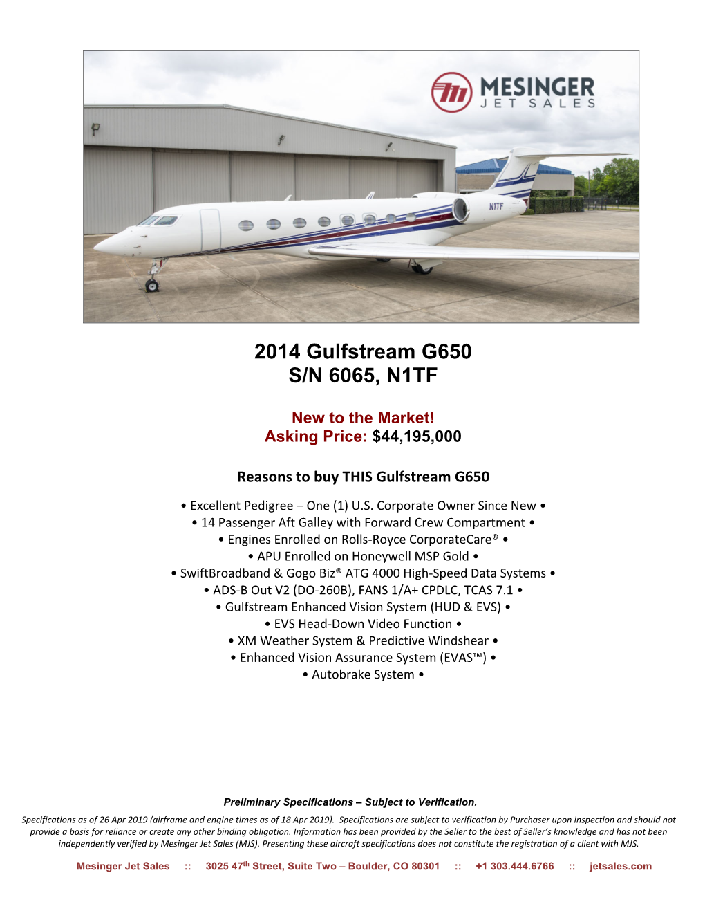 2014 Gulfstream G650 S/N 6065, N1TF