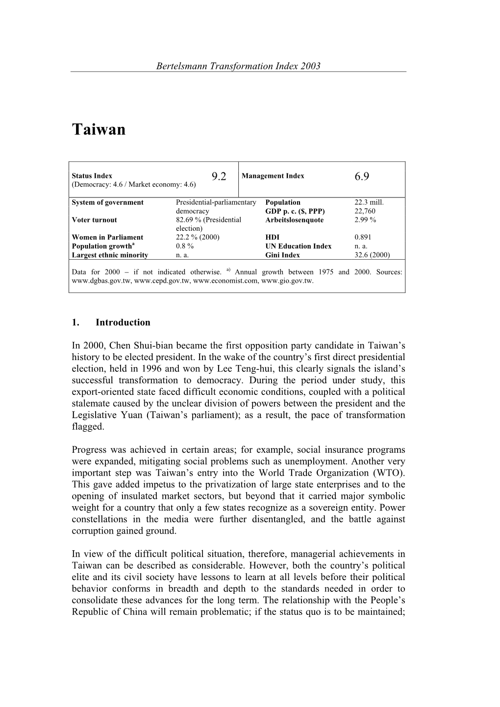 Taiwan Country Report BTI 2003