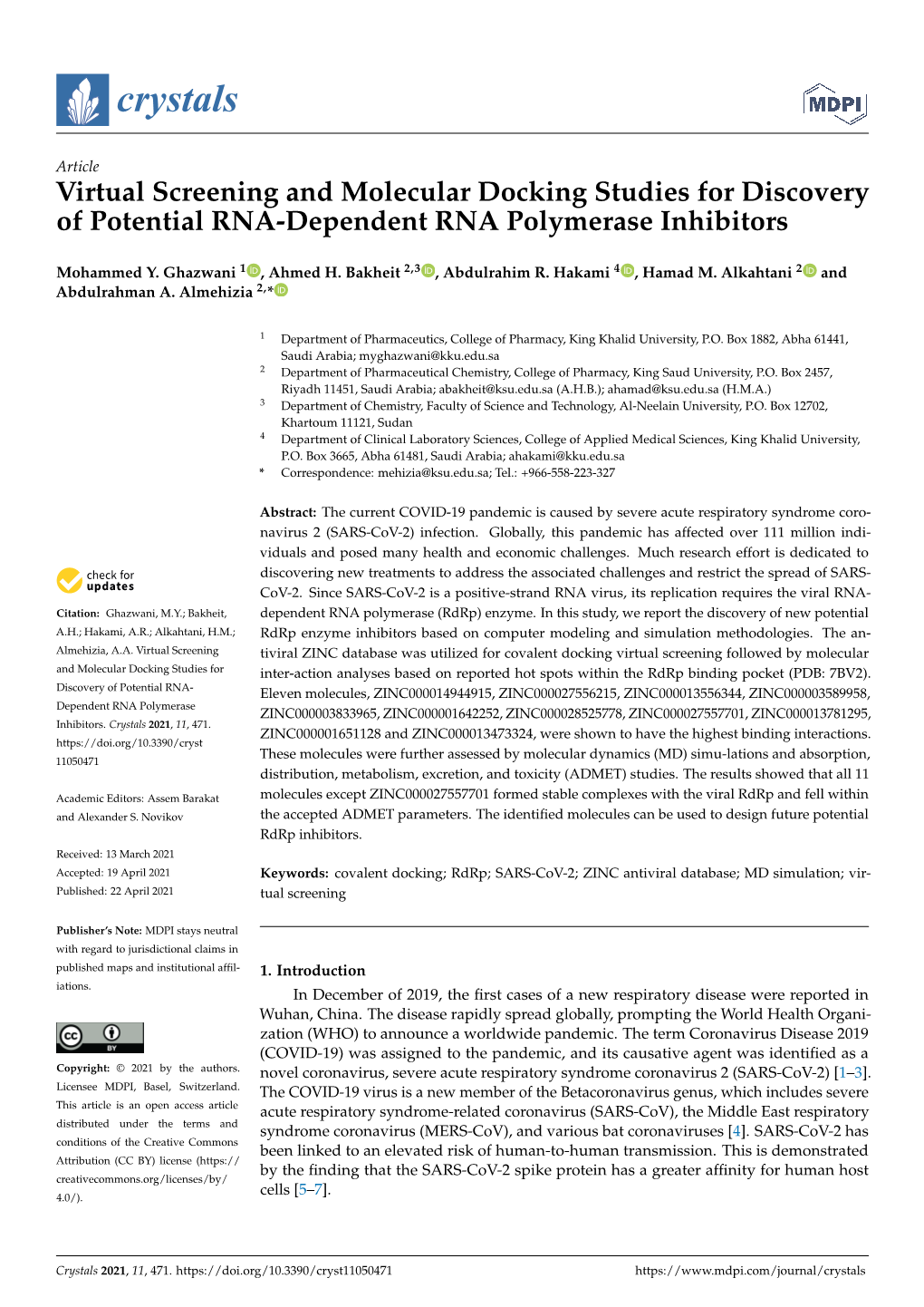 Virtual Screening and Molecular Docking Studies for Discovery of Potential RNA-Dependent RNA Polymerase Inhibitors