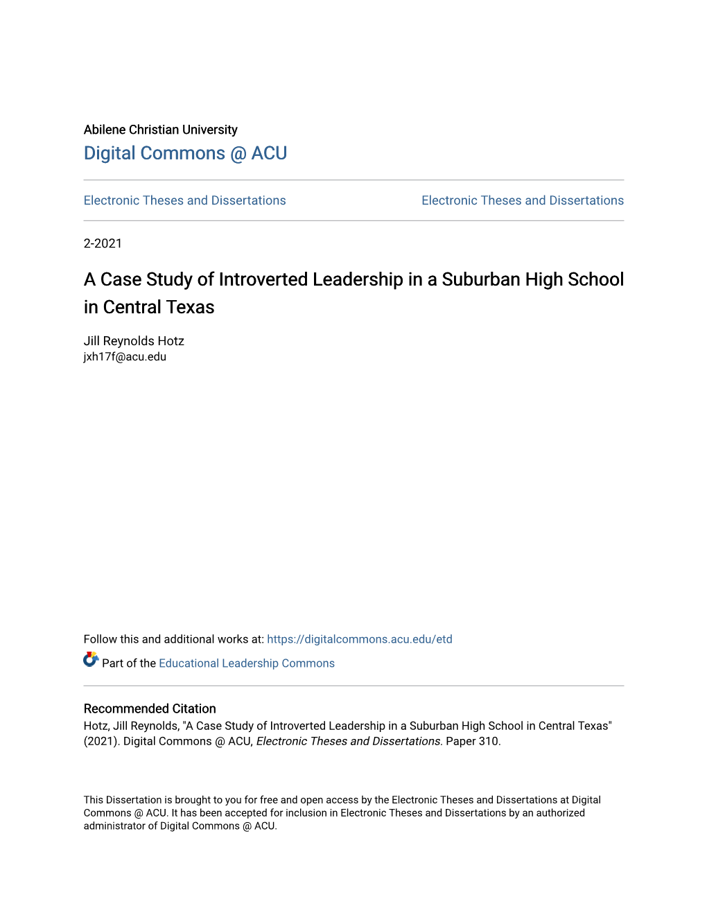 A Case Study of Introverted Leadership in a Suburban High School in Central Texas