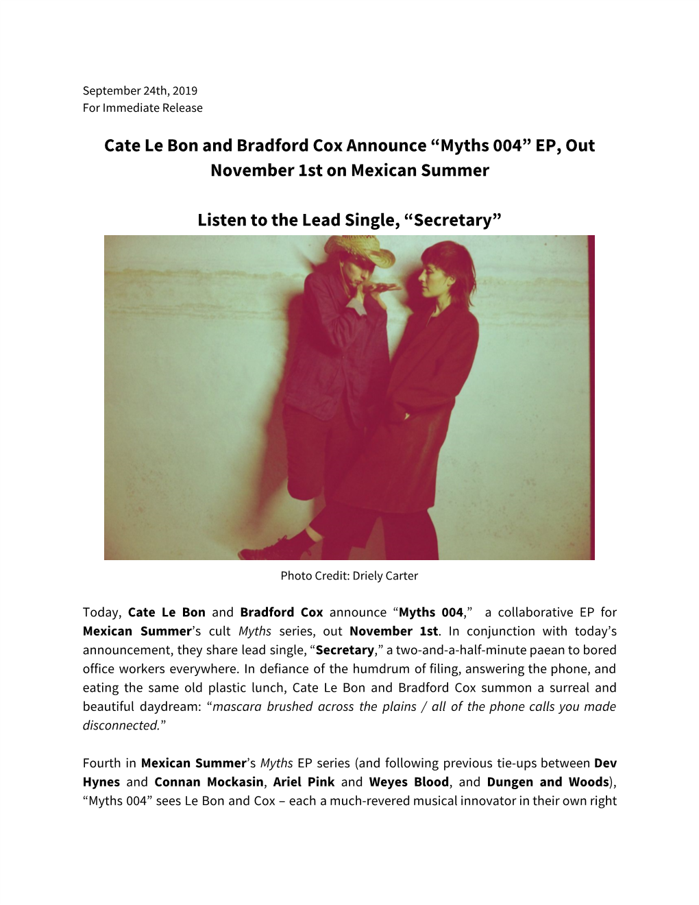 Cate Le Bon and Bradford Cox Announce “Myths 004” EP, out November 1St on Mexican Summer