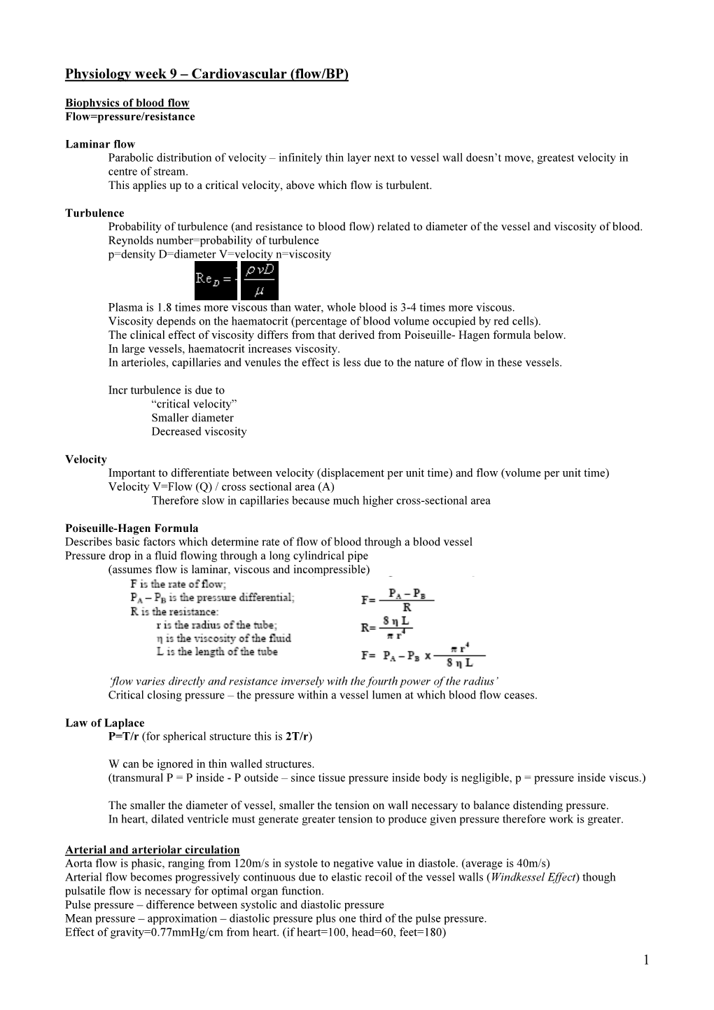 1 Physiology Week 9 – Cardiovascular (Flow/BP)