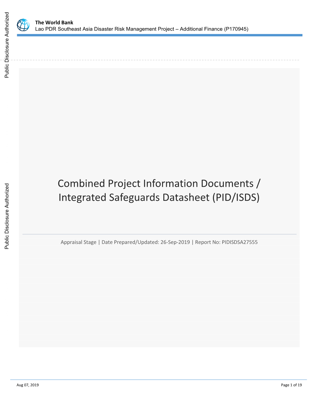 Lao PDR Southeast Asia Disaster Risk Management Project – Additional Finance (P170945)