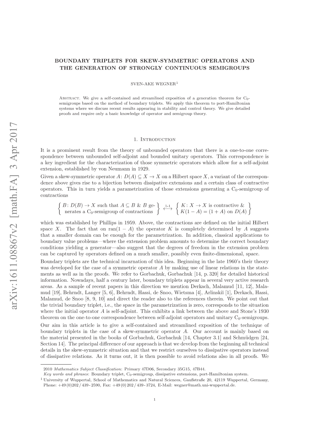 Boundary Triplets for Skew-Symmetric Operators and the Generation Of