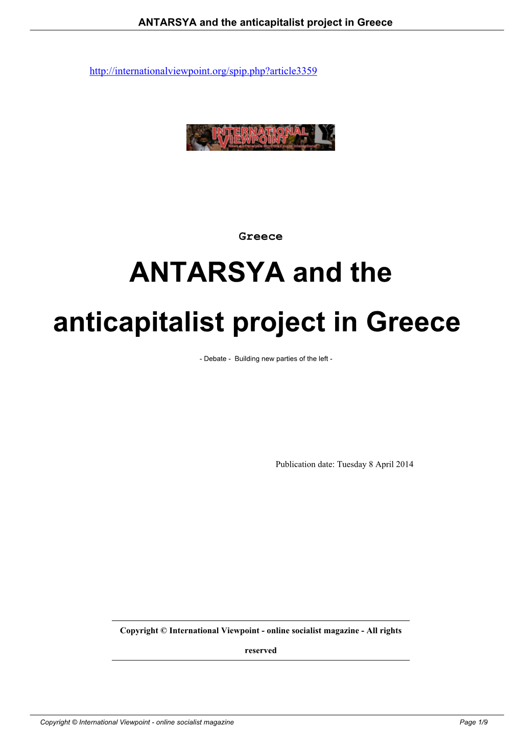 ANTARSYA and the Anticapitalist Project in Greece