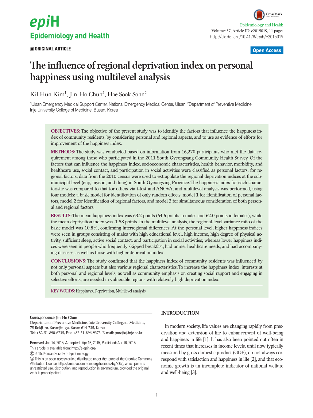 The Influence of Regional Deprivation Index on Personal Happiness Using Multilevel Analysis