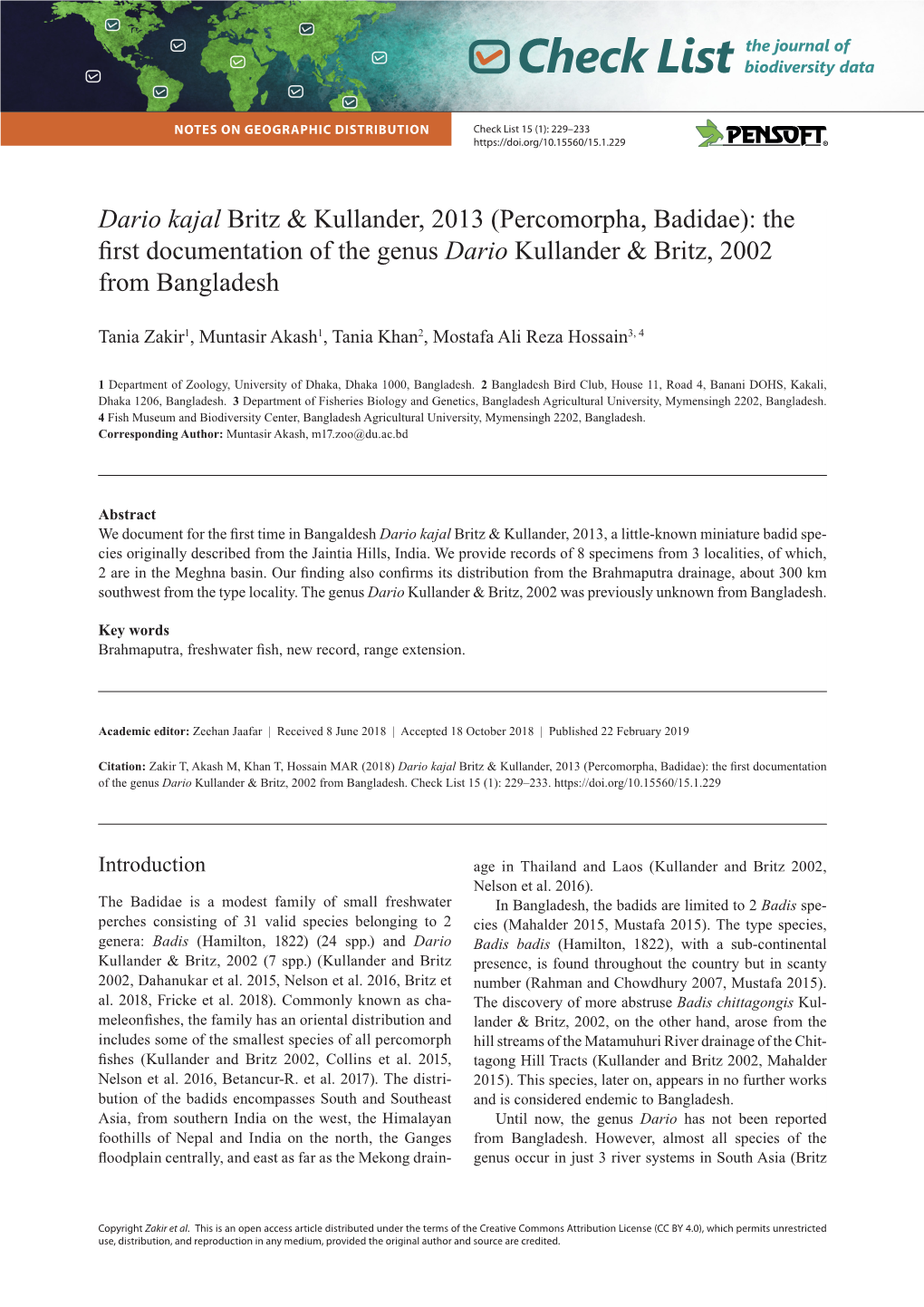 Percomorpha, Badidae): the First Documentation of the Genusdario Kullander & Britz, 2002 from Bangladesh