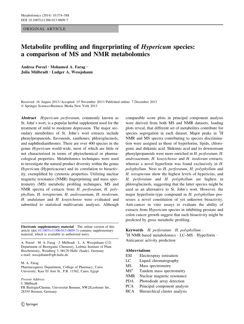 Metabolite Profiling and Fingerprinting of Hypericum Species: a Comparison of MS and NMR Metabolomics