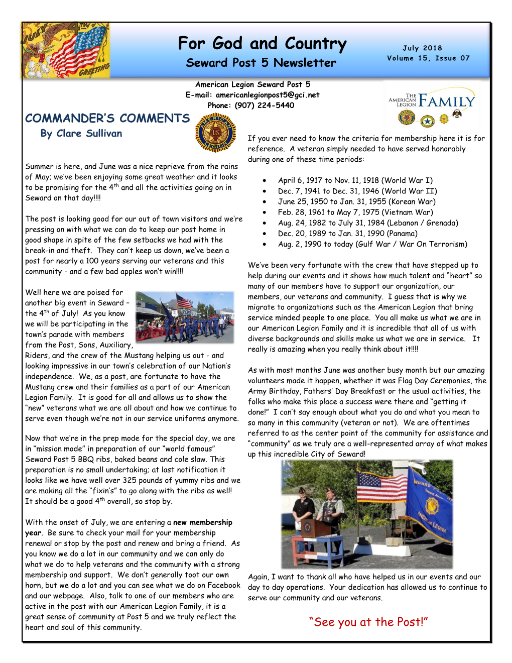 For God and Country July 2018 Seward Post 5 Newsletter Volume 15, Issue 07