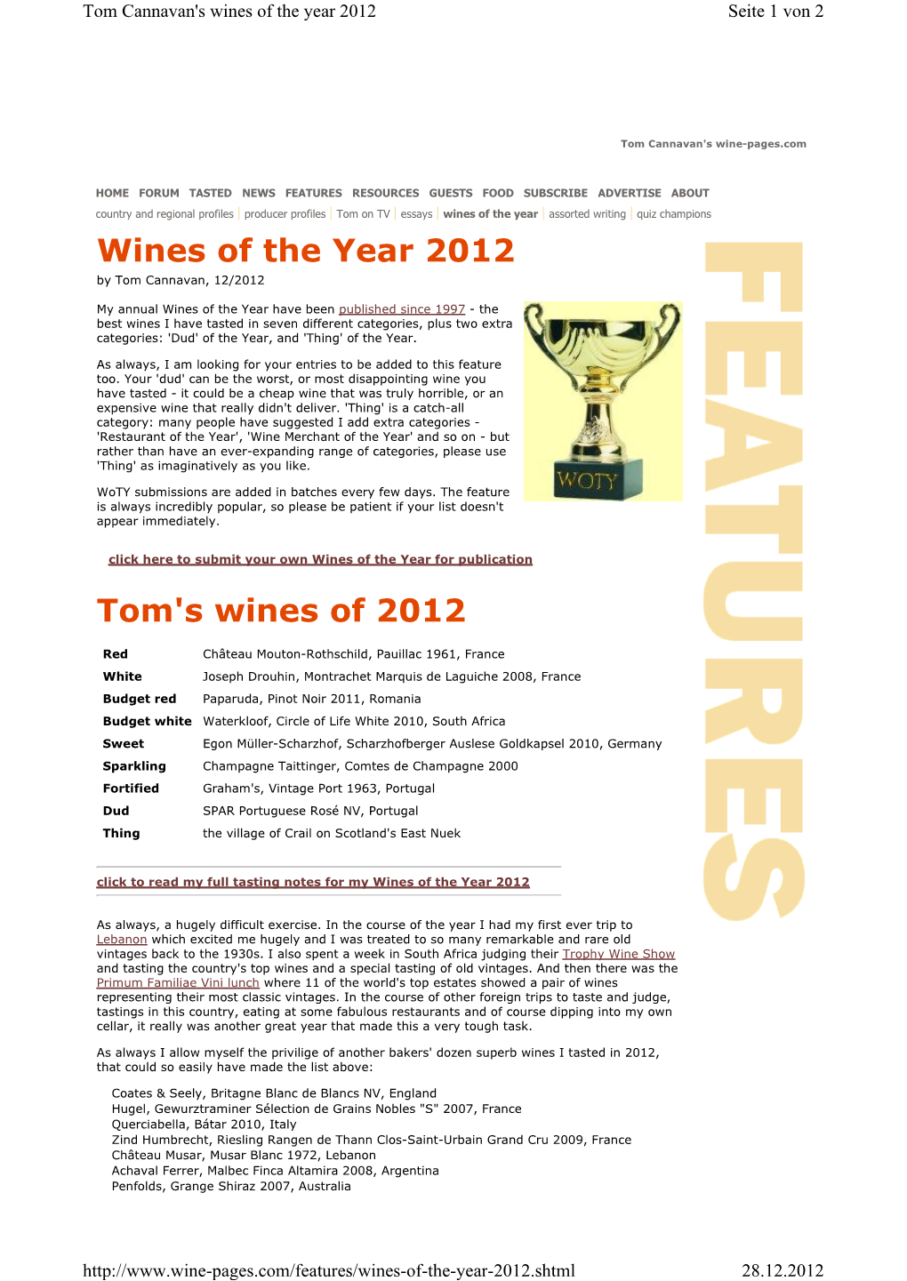 Wines of the Year 2012 Tom's Wines of 2012