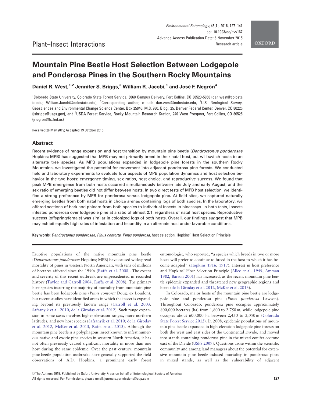 Mountain Pine Beetle Host Selection Between Lodgepole and Ponderosa Pines in the Southern Rocky Mountains