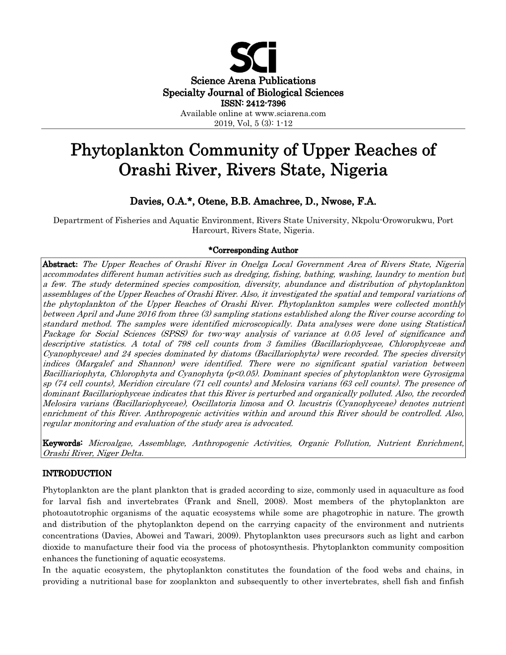 Phytoplankton Community of Upper Reaches of Orashi River, Rivers State, Nigeria