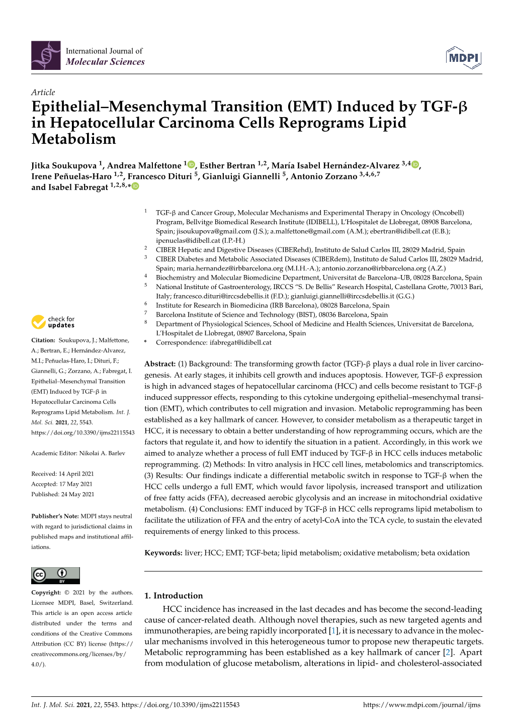 Epithelial–Mesenchymal Transition (EMT) Induced by TGF-Β in Hepatocellular Carcinoma Cells Reprograms Lipid Metabolism