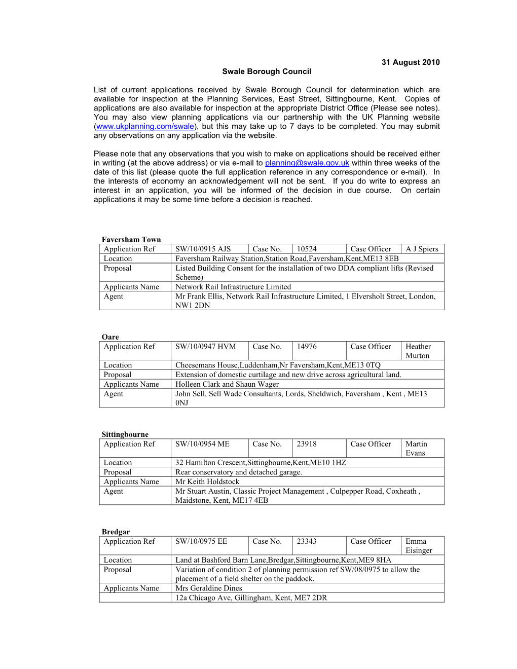 31 August 2010 Swale Borough Council List of Current Applications