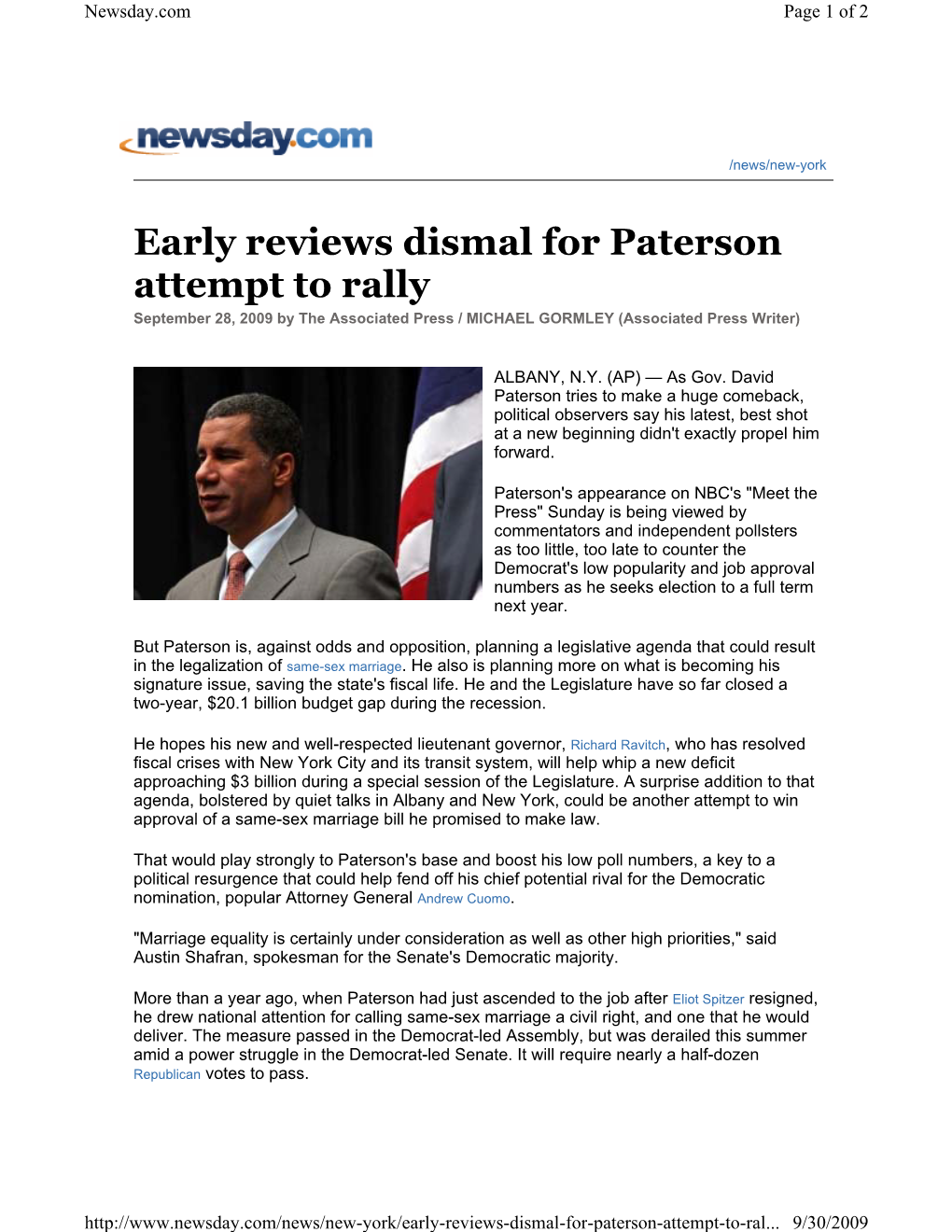 Early Reviews Dismal for Paterson Attempt to Rally September 28, 2009 by the Associated Press / MICHAEL GORMLEY (Associated Press Writer)
