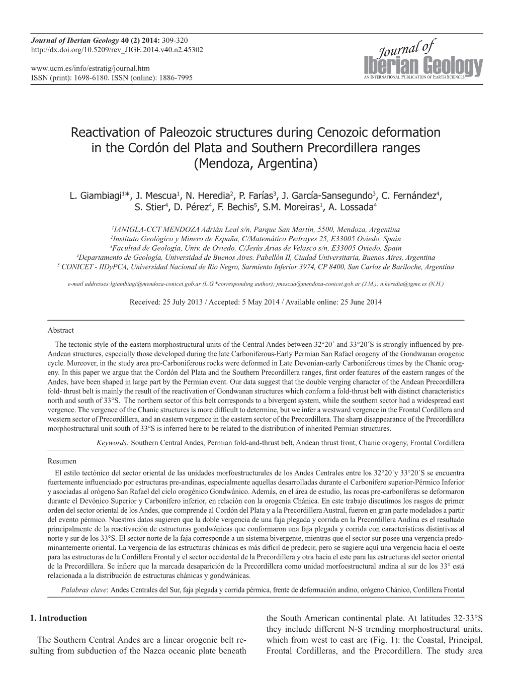 Reactivation of Paleozoic Structures During Cenozoic Deformation in the Cordón Del Plata and Southern Precordillera Ranges (Mendoza, Argentina)