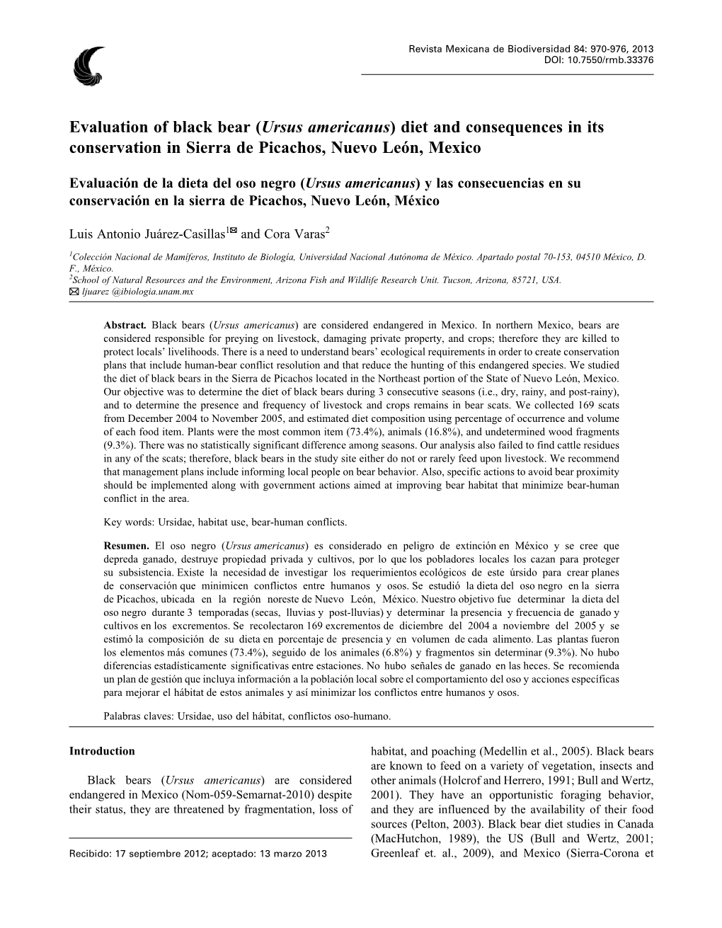 Evaluation of Black Bear (Ursus Americanus) Diet and Consequences in Its Conservation in Sierra De Picachos, Nuevo León, Mexico