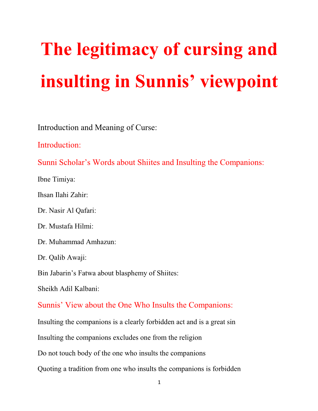 The Legitimacy of Cursing and Insulting in Sunnis' Viewpoint