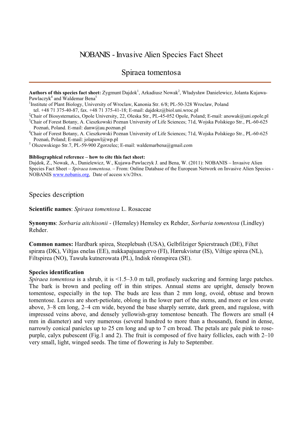 Invasive Alien Species Fact Sheet Spiraea Tomentosa