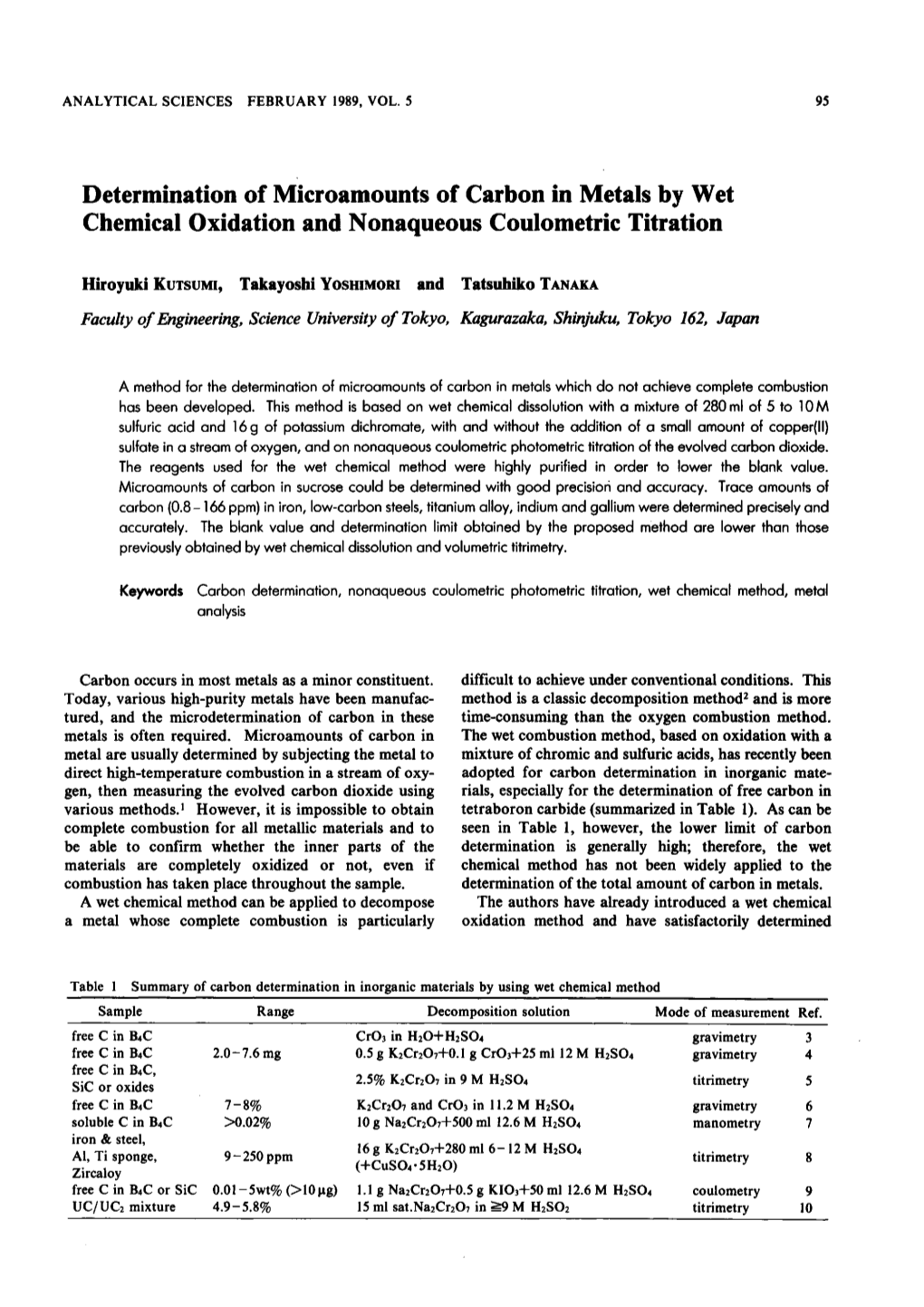 Determination of Microamounts of Carbon in Metals by Wet Chemical Oxidation and Nonaqueous Coulometric Titration