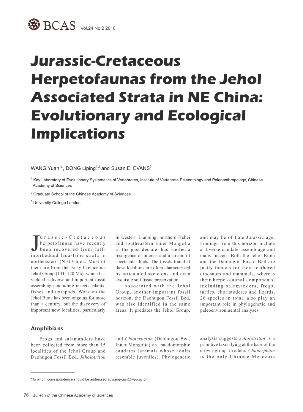 Jurassic-Cretaceous Herpetofaunas from the Jehol Associated Strata in NE China: Evolutionary and Ecological Implications