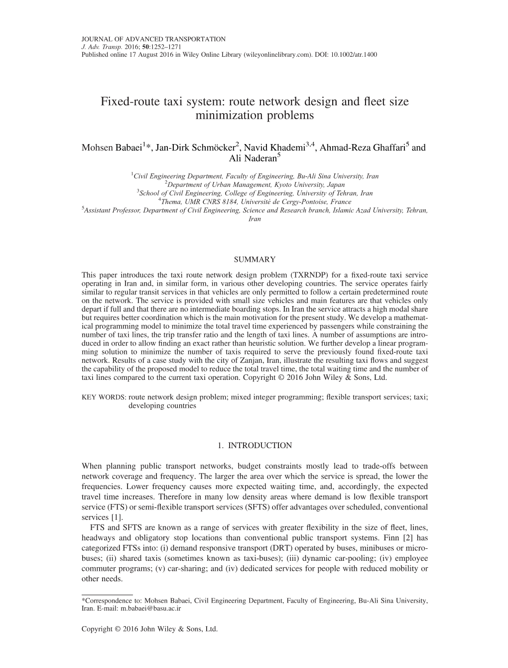 Fixed‐Route Taxi System: Route Network Design and Fleet Size