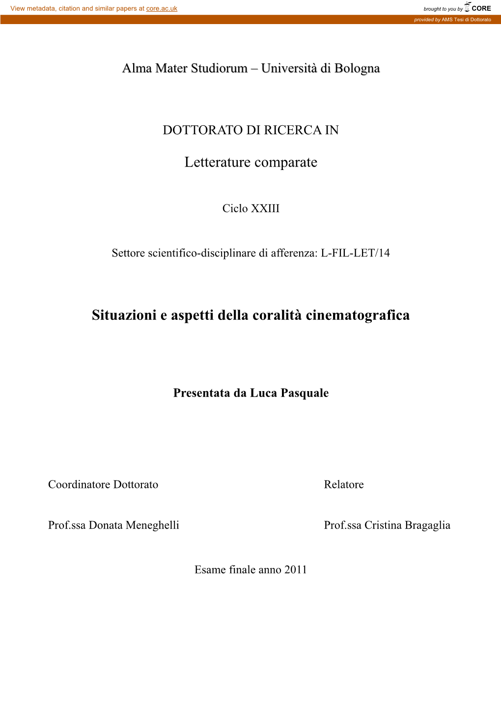 Letterature Comparate Situazioni E Aspetti Della Coralità Cinematografica