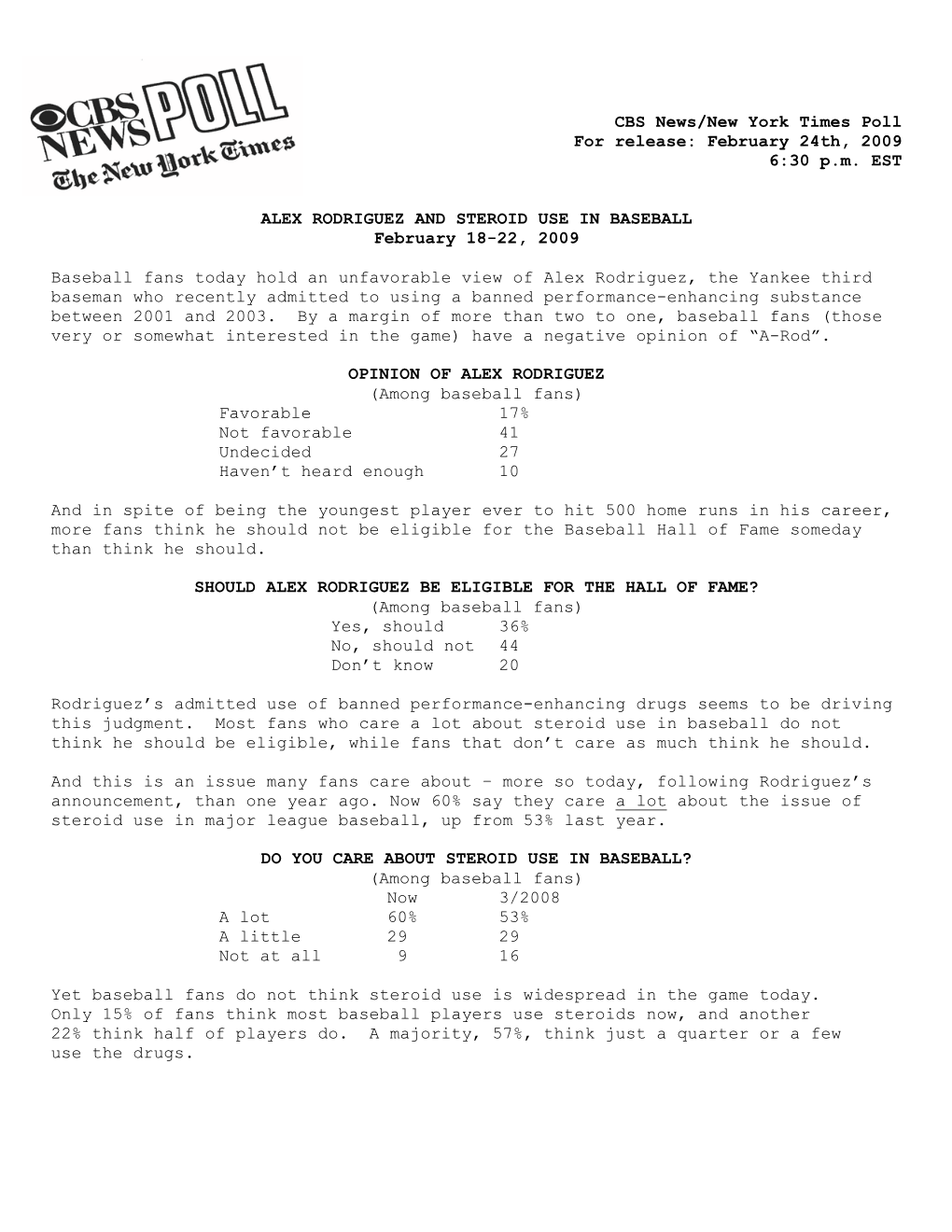 CBS News/New York Times Poll for Release: February 24Th, 2009 6:30 P.M