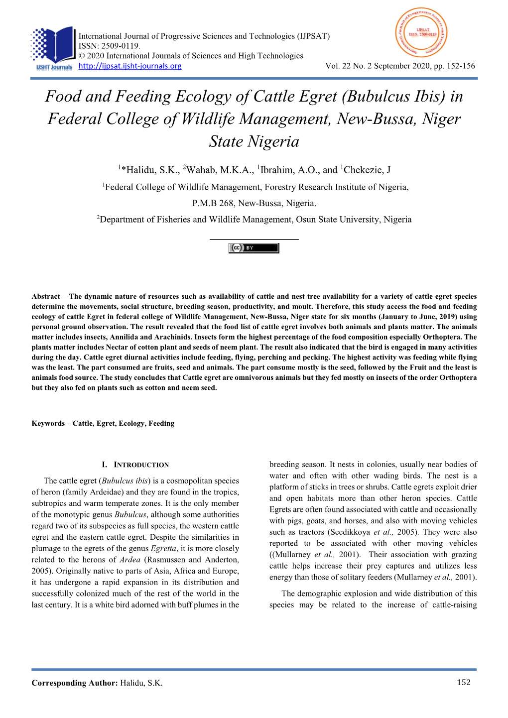 Food and Feeding Ecology of Cattle Egret (Bubulcus Ibis) in Federal College of Wildlife Management, New-Bussa, Niger State Nigeria
