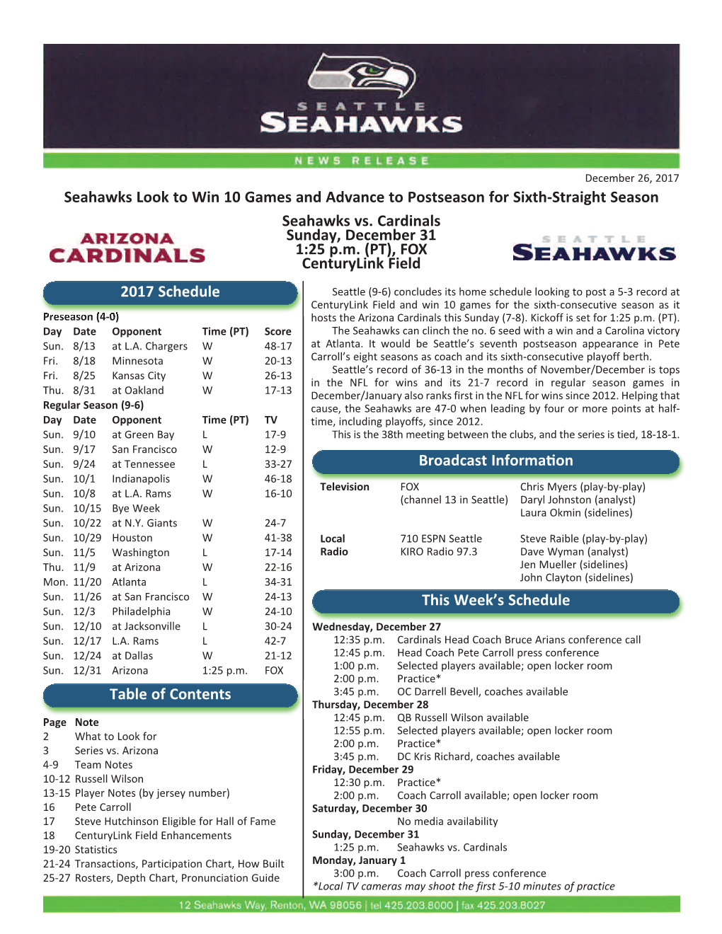 Seahawks Vs. Cardinals Sunday, December 31 1:25 Pm