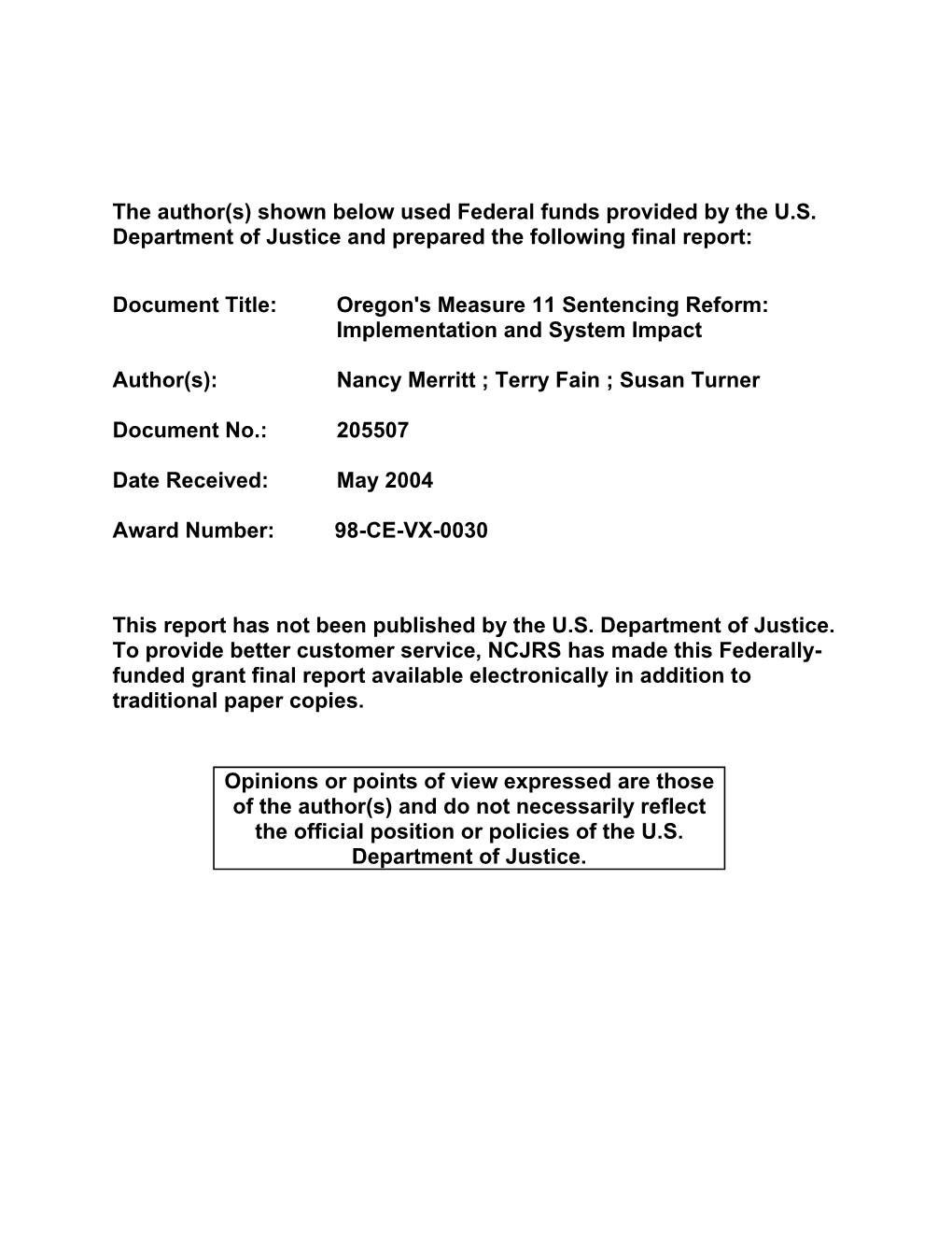 Oregon's Measure 11 Sentencing Reform: Implementation and System Impact
